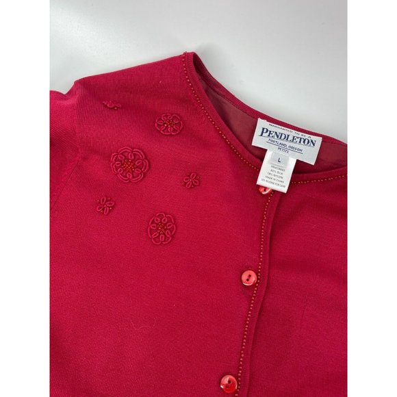 Pendleton Women's Red Knit Long Sleeve Silk Cardigan Sweater Embroidered Beads L - Picture 7 of 12